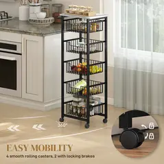 HOMCOM Five Basket Mobile Kitchen Island, with Brakes - Grey/Black - 5