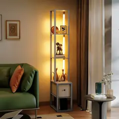 HOMCOM Floor Lamp with Shelves, LED Column Modern Standing Lamp with Fabric Drawer, Adjustable Brightness, Foot Switch for Living Room, Bedroom, Office, Grey - 7