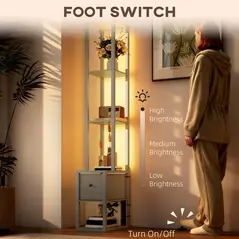 HOMCOM Floor Lamp with Shelves, LED Column Modern Standing Lamp with Fabric Drawer, Adjustable Brightness, Foot Switch for Living Room, Bedroom, Office, Oak - 6