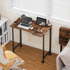 HOMCOM Folding Small Desk on Wheels - Rustic Brown - 2