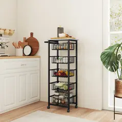 HOMCOM Five Basket Mobile Kitchen Island, with Brakes - Grey/Black - 8