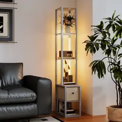 HOMCOM Floor Lamp with Shelves, LED Column Modern Standing Lamp with Fabric Drawer, Adjustable Brightness, Foot Switch for Living Room, Bedroom, Office, Grey - 8