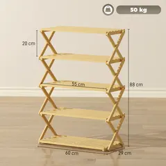 HOMCOM Five-Tier Folding Bamboo Shoe Rack - Natural Finish - 3