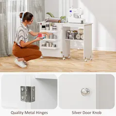 HOMCOM Folding Sewing Table, Drop Leaf Craft Table with Storage Bins, Open Shelf and Wheels, Rolling Sewing Machine Cabinet Computer Desk for Small Space, White - 8