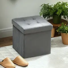 HOMCOM Foldable Velvet-Feel Storage Ottoman - Grey - 7