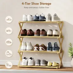 HOMCOM Four-Tier Folding Bamboo Shoe Rack - Natural Finish - 6