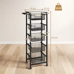 HOMCOM Five Basket Mobile Kitchen Island, with Brakes - Grey/Black - 3