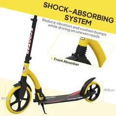 HOMCOM Foldable Kick Scooter with Double Shock Absorption and Big Wheels, Height Adjustable Aluminium Frame Big Wheel Scooter for 14+ Teens Adult - Yellow - 6