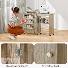 HOMCOM Folding Sewing Table, Drop Leaf Craft Table with Storage Bins, Open Shelf and Wheels, Rolling Sewing Machine Cabinet Computer Desk for Small Space, Grey - 8