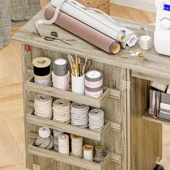 HOMCOM Folding Sewing Table, Drop Leaf Craft Table with Storage Bins, Open Shelf and Wheels, Rolling Sewing Machine Cabinet Computer Desk for Small Space, Grey - 9