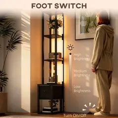 HOMCOM Floor Lamp with Shelves, LED Column Modern Standing Lamp with Fabric Drawer, Adjustable Brightness, Foot Switch for Living Room, Bedroom, Office, Black - 6