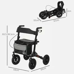 HOMCOM Folding Rollator Walker with Padded Seat, Backrest, Lightweight Walking Frame with Storage Bag, Dual Brakes, All-terrain Wheels, Adjustable Handle Height, 4 Wheeled Walker for Seniors, Black - 3