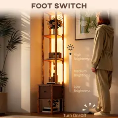 HOMCOM Floor Lamp with Shelves, LED Column Modern Standing Lamp with Fabric Drawer, Adjustable Brightness, Foot Switch for Living Room, Bedroom, Office, Rustic Brown - 6