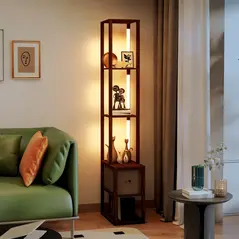 HOMCOM Floor Lamp with Shelves, LED Column Modern Standing Lamp with Fabric Drawer, Adjustable Brightness, Foot Switch for Living Room, Bedroom, Office, Dark Brown - 7