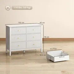 HOMCOM Fluted Dresser, 6 Drawer Chest of Drawers for Bedroom, Living Room, Hallway, Closet, White - 3