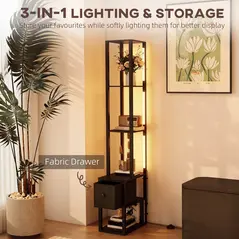 HOMCOM Floor Lamp with Shelves, LED Column Modern Standing Lamp with Fabric Drawer, Adjustable Brightness, Foot Switch for Living Room, Bedroom, Office, Black - 4