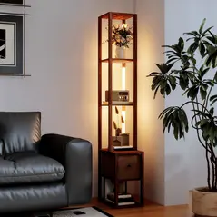 HOMCOM Floor Lamp with Shelves, LED Column Modern Standing Lamp with Fabric Drawer, Adjustable Brightness, Foot Switch for Living Room, Bedroom, Office, Dark Brown - 8