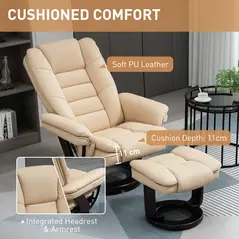 HOMCOM Faux Leather 135° Reclining Chair and Footstool - Beige - 6