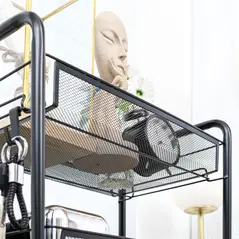 HOMCOM Five-Steel Mesh Basket Storage Trolley, with Wheels - Black - 7