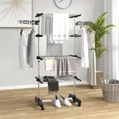 HOMCOM Four-Shelf Collapsing Clothes Horse, With Side Arms and Wheels - Black - 2