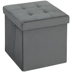 HOMCOM Foldable Velvet-Feel Storage Ottoman - Grey - 1