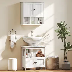 HOMCOM Farmhouse Bathroom Wall Cabinet, Wall Mounted Medicine Cabinet with Adjustable Shelf, Open Compartments, White - 8