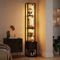 HOMCOM Floor Lamp with Shelves, LED Column Modern Standing Lamp with Fabric Drawer, Adjustable Brightness, Foot Switch for Living Room, Bedroom, Office, Black - 2