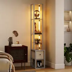 HOMCOM Floor Lamp with Shelves, LED Column Modern Standing Lamp with Fabric Drawer, Adjustable Brightness, Foot Switch for Living Room, Bedroom, Office, Grey - 2