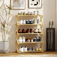 HOMCOM Five-Tier Folding Bamboo Shoe Rack - Natural Finish - 2