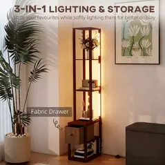 HOMCOM Floor Lamp with Shelves, LED Column Modern Standing Lamp with Fabric Drawer, Adjustable Brightness, Foot Switch for Living Room, Bedroom, Office, Dark Brown - 4