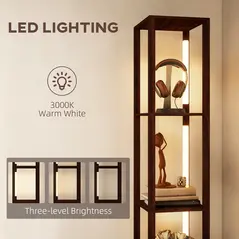 HOMCOM Floor Lamp with Shelves, LED Column Modern Standing Lamp with Fabric Drawer, Adjustable Brightness, Foot Switch for Living Room, Bedroom, Office, Dark Brown - 5