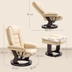 HOMCOM Faux Leather 135° Reclining Chair and Footstool - Beige - 3