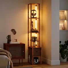 HOMCOM Floor Lamp with Shelves, LED Column Modern Standing Lamp with Fabric Drawer, Adjustable Brightness, Foot Switch for Living Room, Bedroom, Office, Rustic Brown - 2