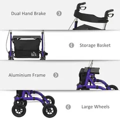 HOMCOM Folding Adjustable Rollator with Dual Brakes & 6 Adjustable Handle Heights for Seniors Purple - 8