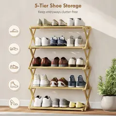 HOMCOM Five-Tier Folding Bamboo Shoe Rack - Natural Finish - 6