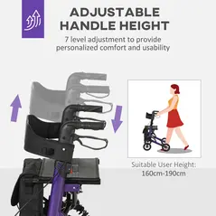 HOMCOM Folding Rollator Walker with Seat, Backrest, Lightweight Walking Frame with Storage Bag, Dual Brakes, Adjustable Handle Height, Suspension System, 4 Wheeled Walker for Seniors, Purple - 6
