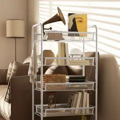 HOMCOM Five-Steel Mesh Basket Storage Trolley, with Wheels - White - 9