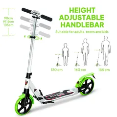 HOMCOM Folding Kick Scooter, Adjustable Ride On Scooter with 200mm Big Wheels and Double Shock Absorption, Urban Scooter for 14+ Teens Adult, Green - 4
