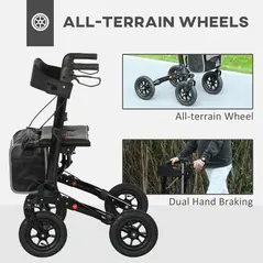 HOMCOM Folding Rollator Walker with Padded Seat, Backrest, Lightweight Walking Frame with Storage Bag, Dual Brakes, All-terrain Wheels, Adjustable Handle Height, 4 Wheeled Walker for Seniors, Black - 5