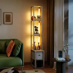 HOMCOM Floor Lamp with Shelves, LED Column Modern Standing Lamp with Fabric Drawer, Adjustable Brightness, Foot Switch for Living Room, Bedroom, Office, Oak - 7