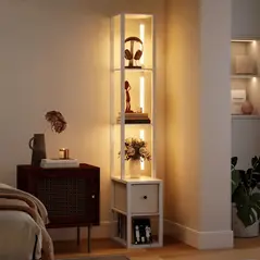 HOMCOM Floor Lamp with Shelves, LED Column Modern Standing Lamp with Fabric Drawer, Adjustable Brightness, Foot Switch for Living Room, Bedroom, Office, White - 2