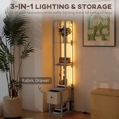 HOMCOM Floor Lamp with Shelves, LED Column Modern Standing Lamp with Fabric Drawer, Adjustable Brightness, Foot Switch for Living Room, Bedroom, Office, Grey - 4