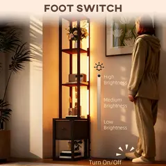 HOMCOM Floor Lamp with Shelves, LED Column Modern Standing Lamp with Fabric Drawer, Adjustable Brightness, Foot Switch for Living Room, Bedroom, Office, Dark Brown - 6