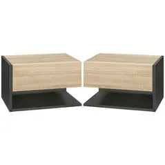 HOMCOM Floating Bedside Table Set of 2, Wall Mounted Bedside Cabinet with Drawer and Open Shelf, Modern Nightstand for Bedroom, 46 x 30 x 30 cm, Oak Tone - 1