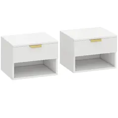 HOMCOM Floating Nightstands Set of 2, Modern Wall Mounted Bedside Tables with Fluted Drawer and Open Shelf for Bedroom, White - 1