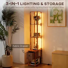 HOMCOM Floor Lamp with Shelves, LED Column Modern Standing Lamp with Fabric Drawer, Adjustable Brightness, Foot Switch for Living Room, Bedroom, Office, Rustic Brown - 4