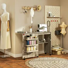 HOMCOM Folding Sewing Table, Drop Leaf Craft Table with Storage Bins, Open Shelf and Wheels, Rolling Sewing Machine Cabinet Computer Desk for Small Space, Grey - 2