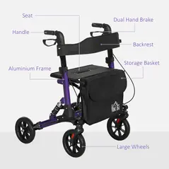 HOMCOM Folding Rollator Walker with Seat, Backrest, Lightweight Walking Frame with Storage Bag, Dual Brakes, Adjustable Handle Height, Suspension System, 4 Wheeled Walker for Seniors, Purple - 8