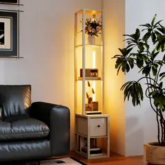 HOMCOM Floor Lamp with Shelves, LED Column Modern Standing Lamp with Fabric Drawer, Adjustable Brightness, Foot Switch for Living Room, Bedroom, Office, Oak - 8