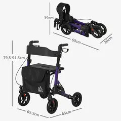 HOMCOM Folding Rollator Walker with Seat, Backrest, Lightweight Walking Frame with Storage Bag, Dual Brakes, Adjustable Handle Height, Suspension System, 4 Wheeled Walker for Seniors, Purple - 3